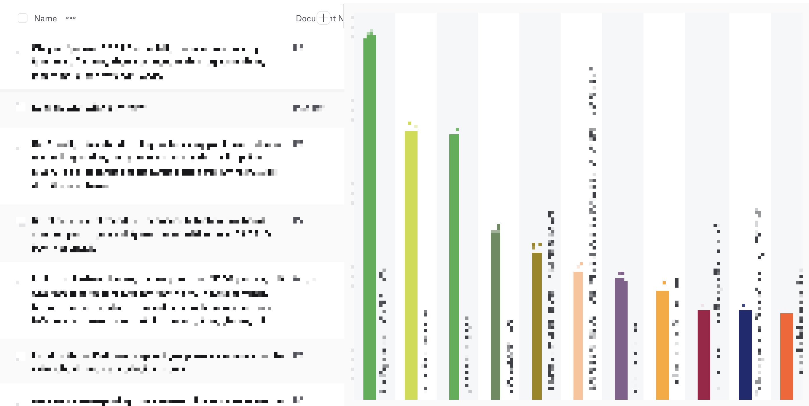Qualitative coding software showing coded excerpts and a frequency chart of codes across interviews, text and values redacted